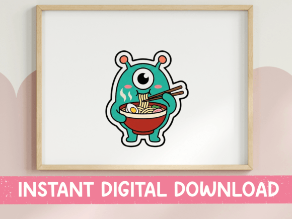 Cute Monster Eating Ramen Kawaii Design Graphics