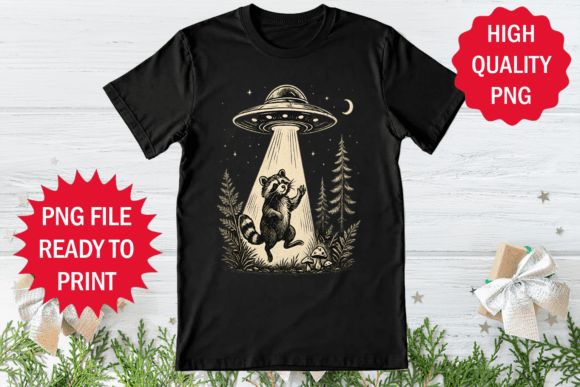 Raccoon and Ufo Ship T-shirt Design Png